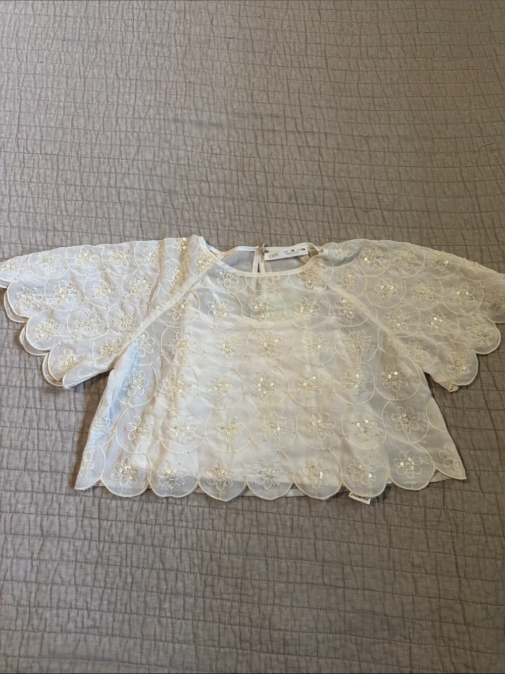 Zara Ivory Floral Sequin Scalloped Top